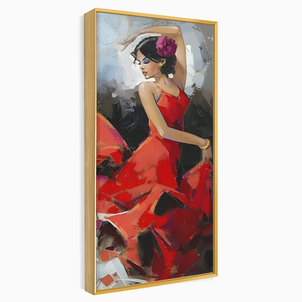 Tablou canvas cu tablou canvas cu dansatoare in rochie rosie, in rama de aluminiu auriu